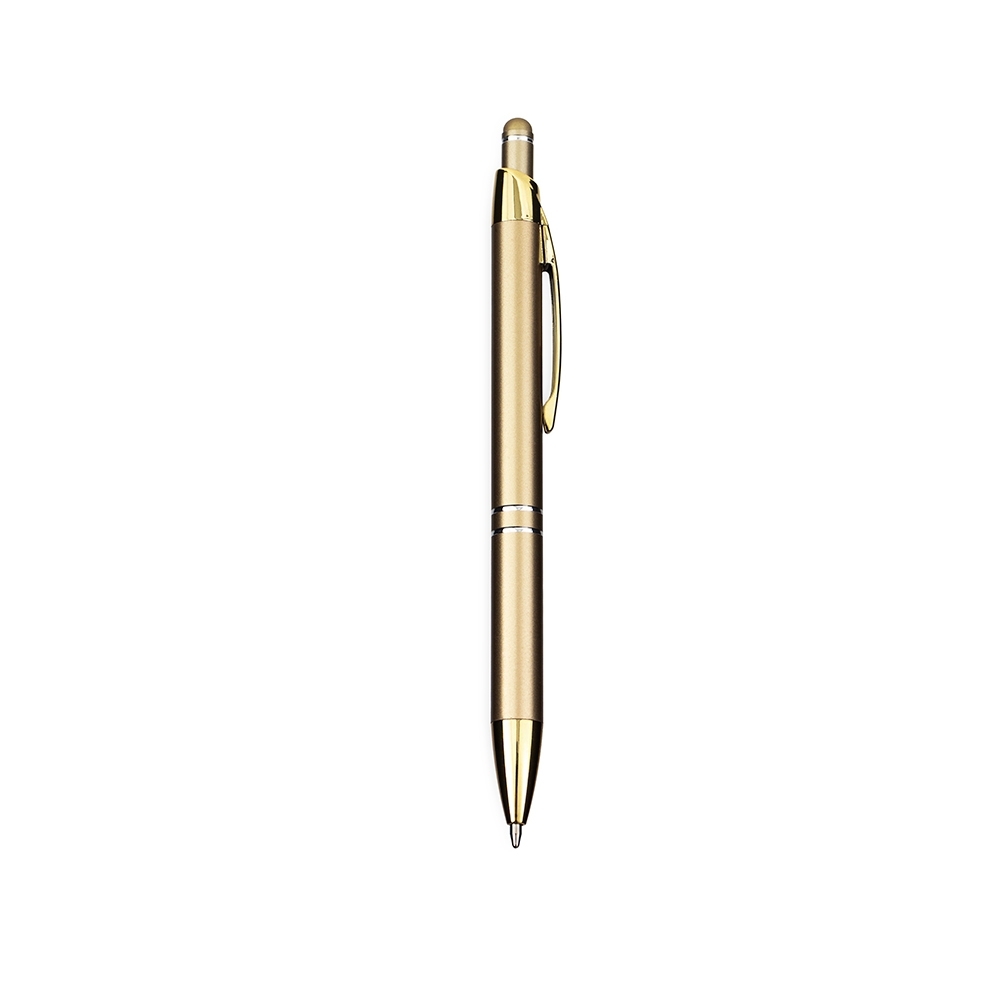 Caneta de metal touch com dois anéis e clipe de plástico colorido personalizada com a logo da empresa, na cor dourado