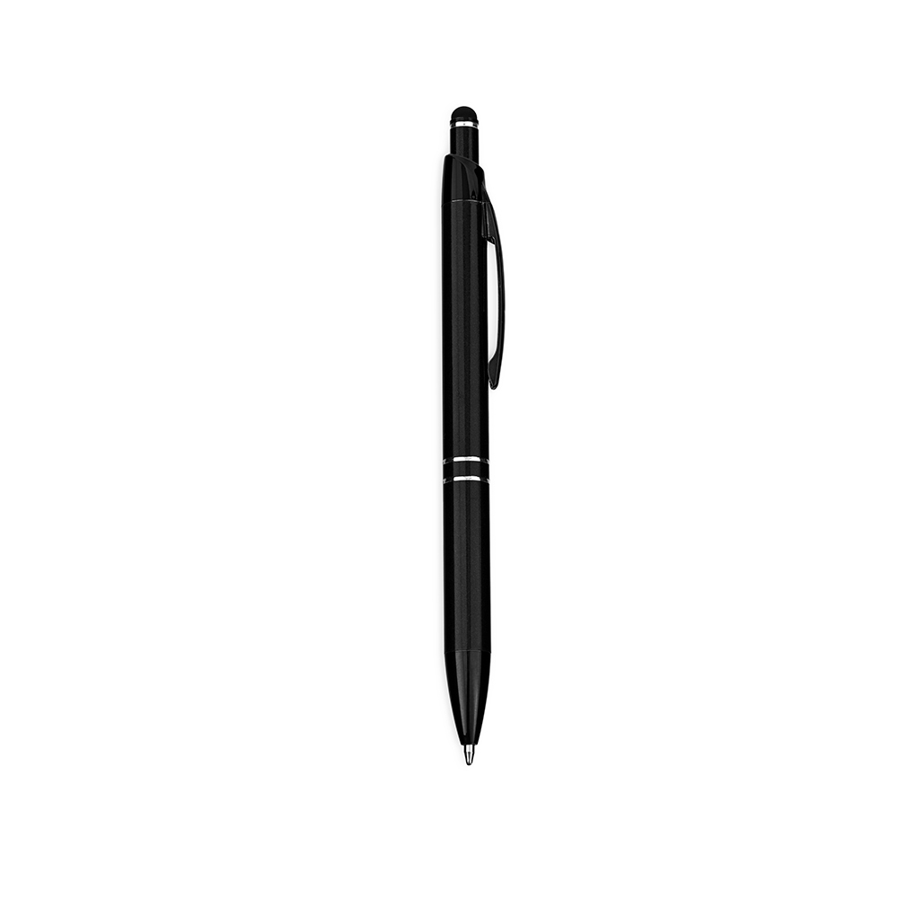 Caneta de metal touch com dois anéis e clipe de plástico colorido na cor Preto, personalizada com a logo da empresa