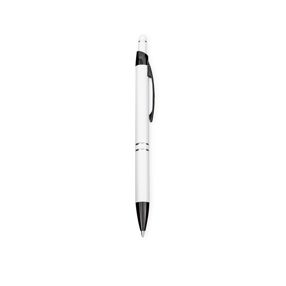 Caneta de metal touch com dois anéis e clipe de plástico escuro na cor Branco / Preto, personalizada com a logo da empresa
