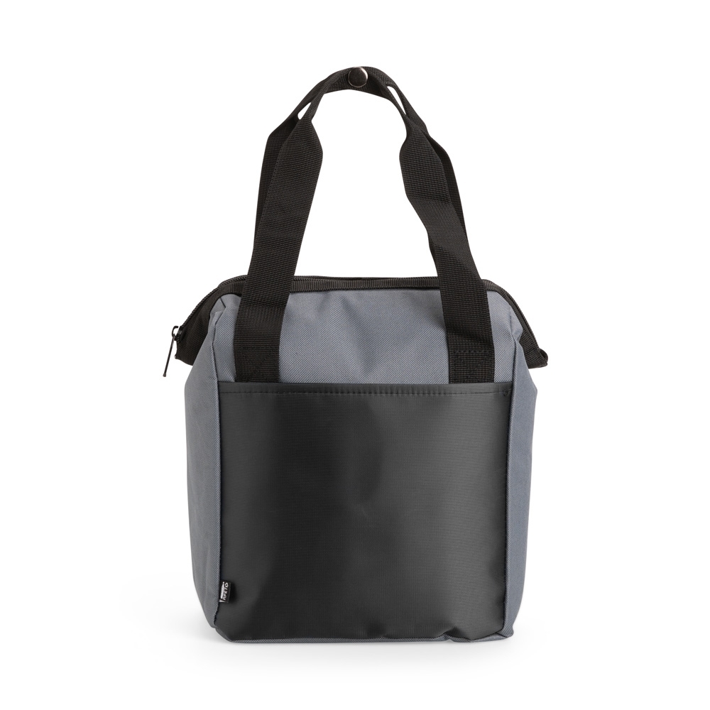 Bolsa térmica 7 litros de poliéster com bolso frontal na cor Preto / Cinza, personalizada com a logo da empresa