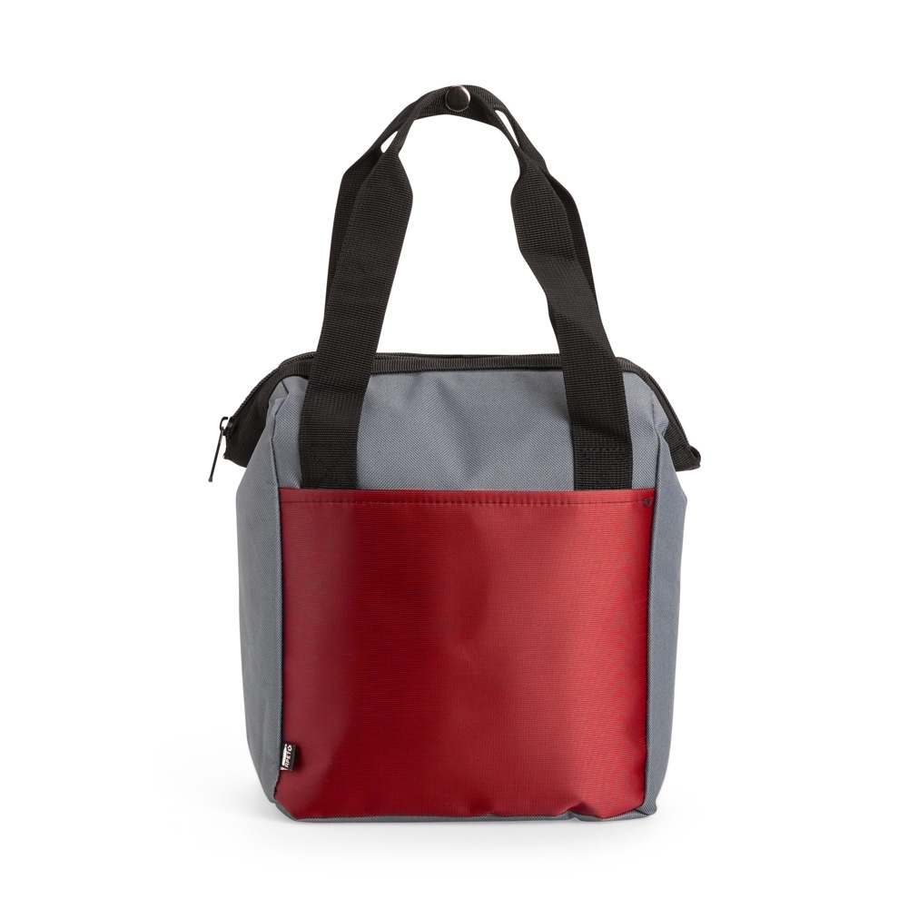 Bolsa térmica 7 litros de poliéster com bolso frontal personalizada com a logo da empresa, na cor vermelho / cinza