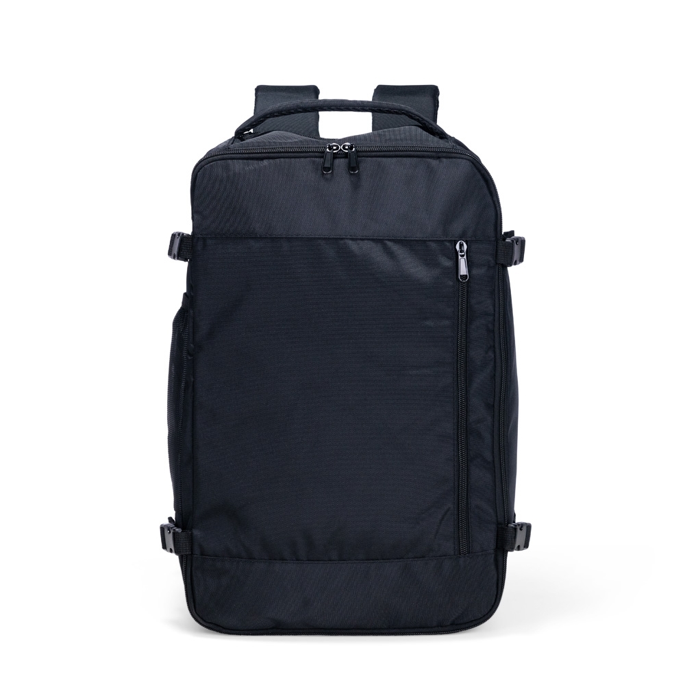 Mochila de nylon 25 litros impermeável com 3 compartimentos na cor Preto, personalizada com a logo da empresa