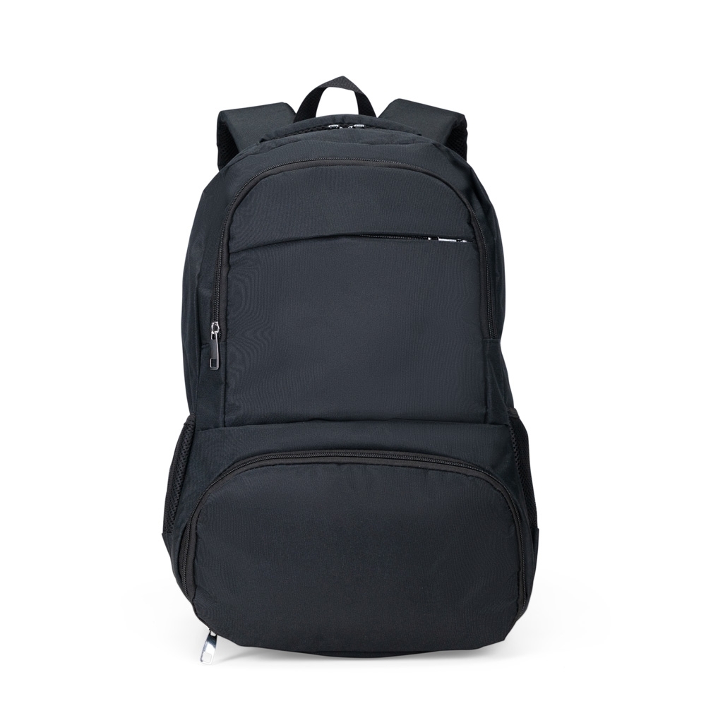Mochila de poliéster USB 26 litros para notebook com divisórias na cor Preto, personalizada com a logo da empresa