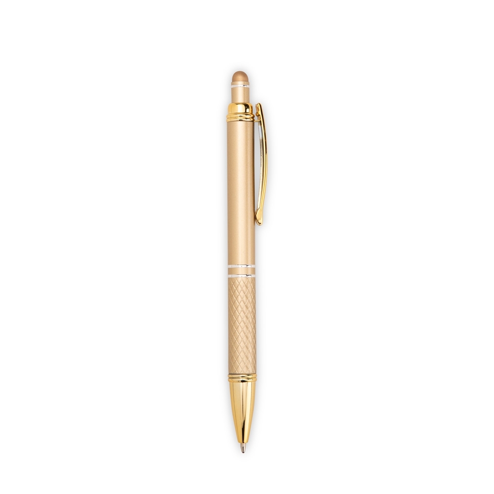 Caneta de metal touch com pega texturizada e clipe de plástico personalizada com a logo da empresa, na cor dourado