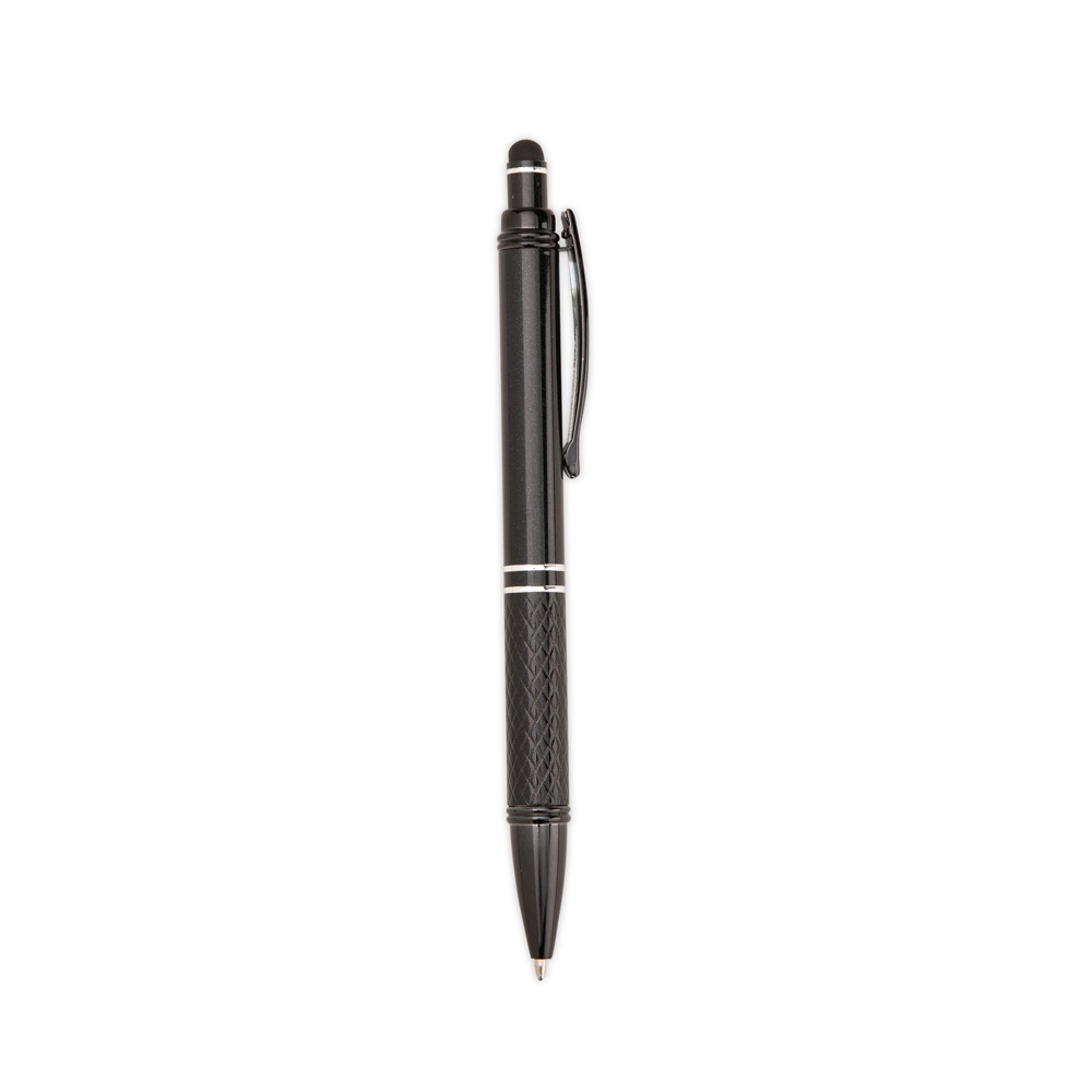 Caneta de metal touch com pega texturizada e clipe de plástico na cor Preto, personalizada com a logo da empresa