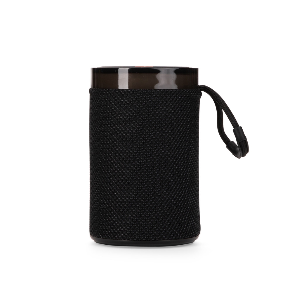 Caixa de som multimídia TWS com luzes RGB pequena (12,7 cm) na cor Preto, personalizada com a logo da empresa