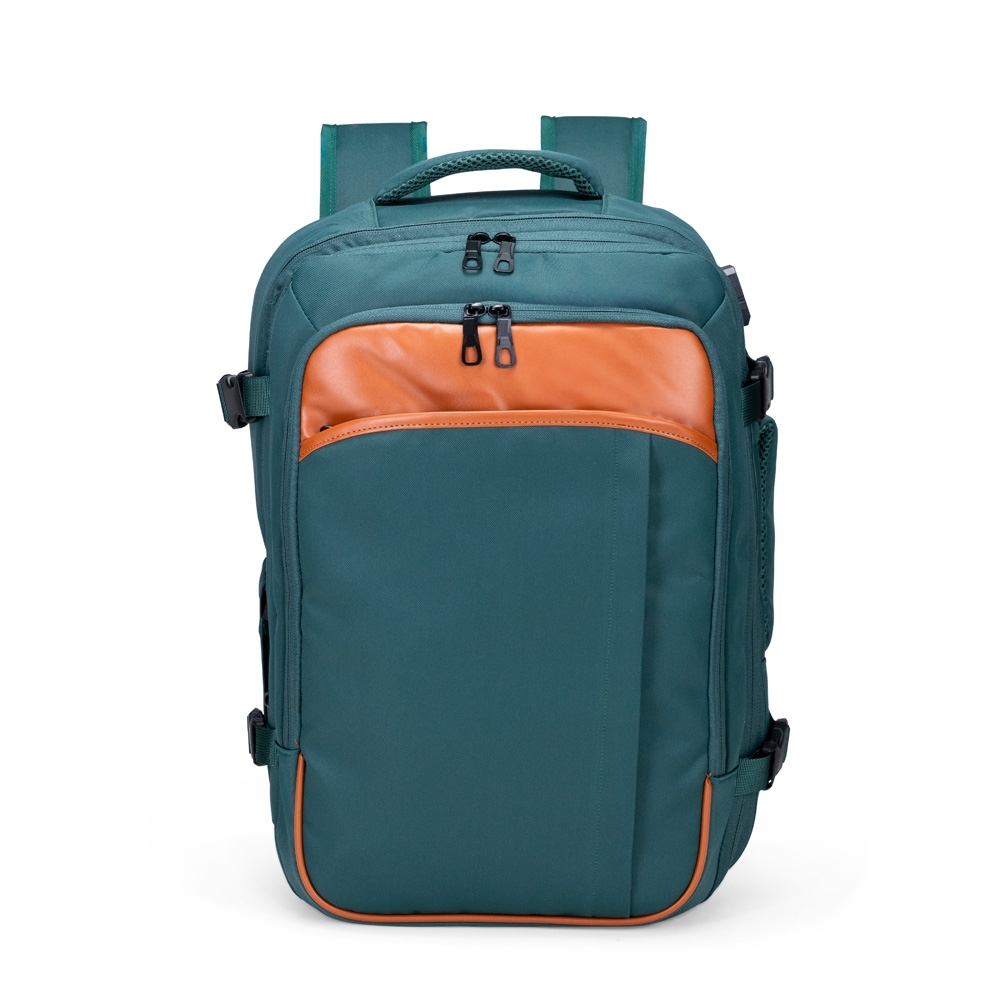 Mochila expansível nylon 29 litros para notebook com divisórias personalizada com a logo da empresa, na cor verde / marrom