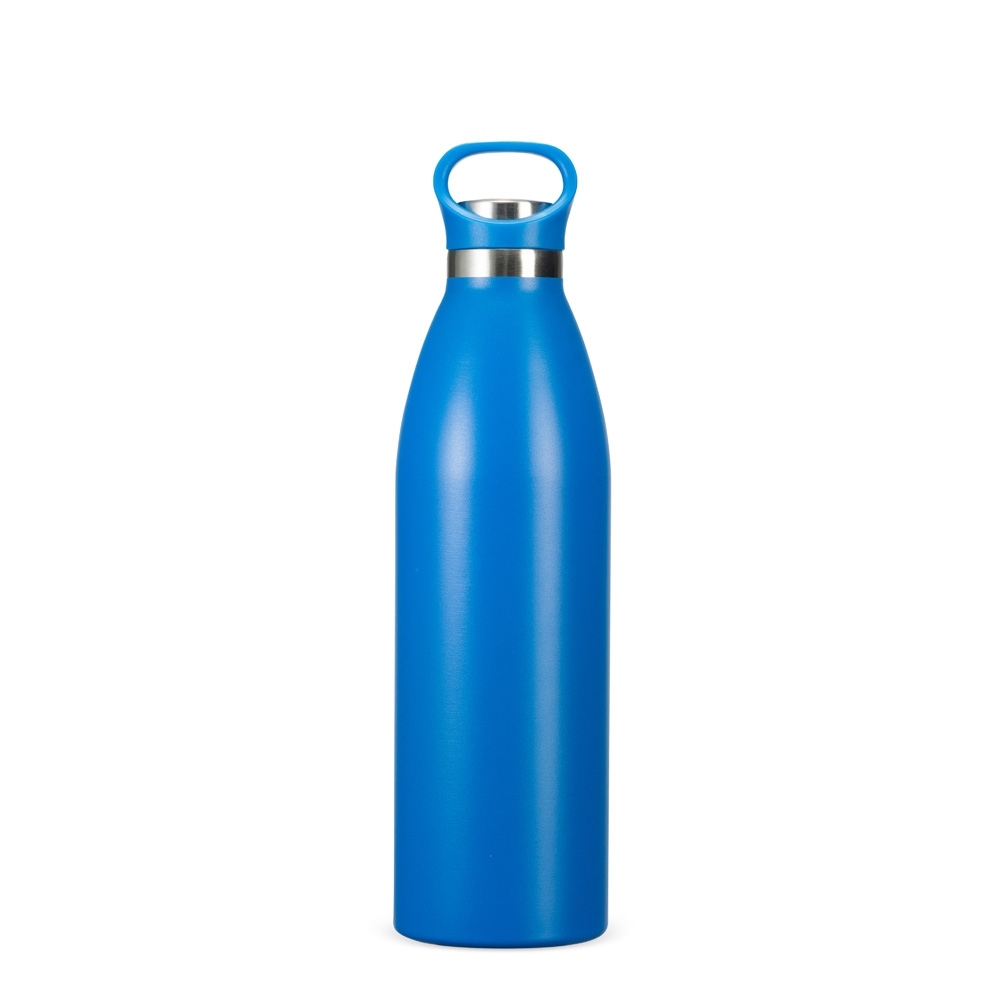 Garrafa térmica 750 ml de inox com tampa de inox e alça fixa personalizada com a logo da empresa, na cor azul