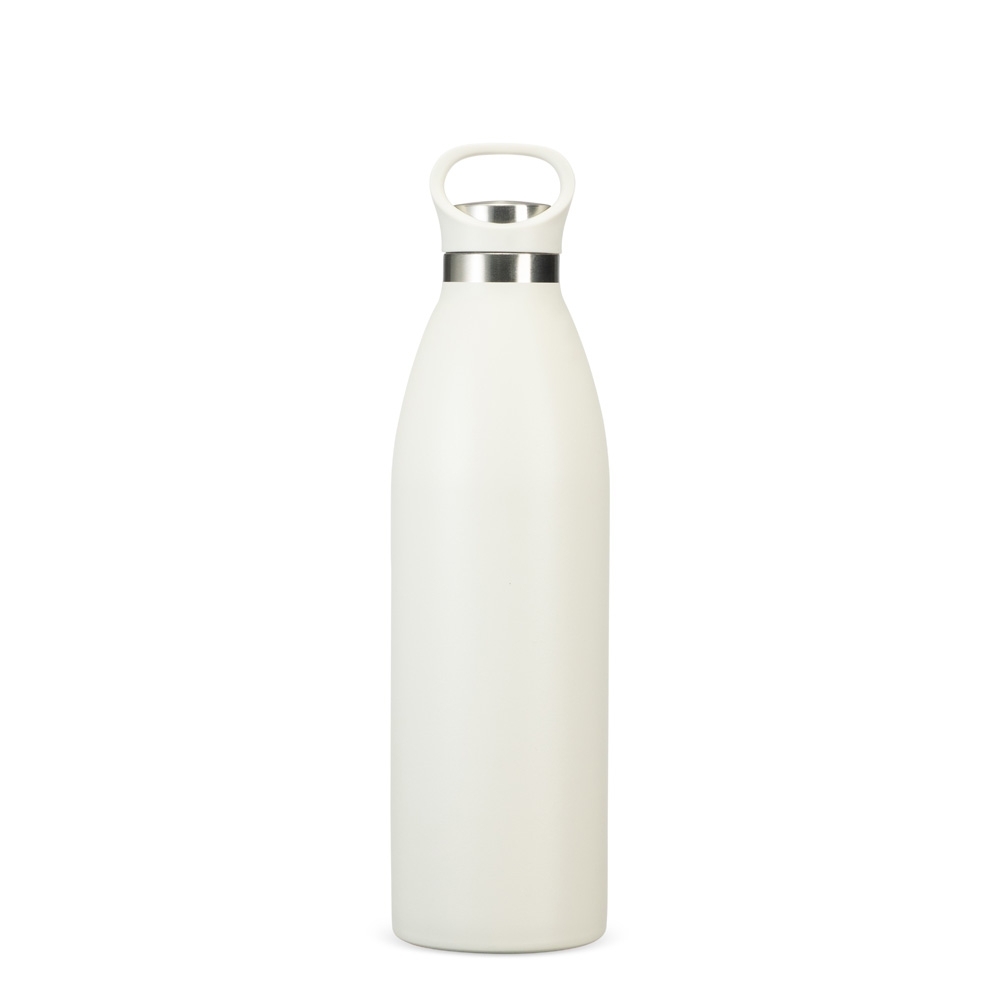 Garrafa térmica 750 ml de inox com tampa de inox e alça fixa personalizada com a logo da empresa, na cor branco