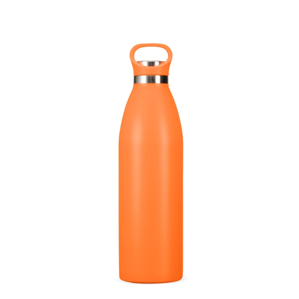 Garrafa térmica 750 ml de inox com tampa de inox e alça fixa personalizada com a logo da empresa, na cor laranja