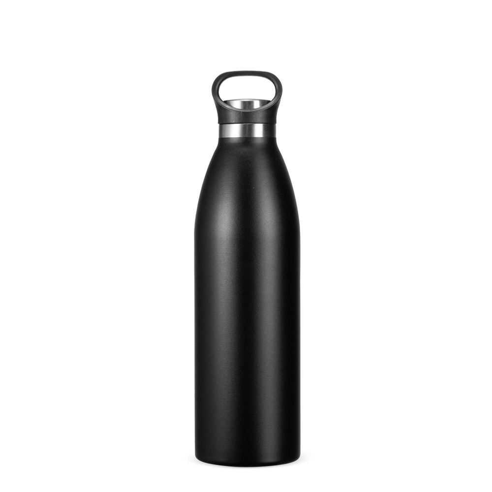 Garrafa térmica 750 ml de inox com tampa de inox e alça fixa na cor Preto, personalizada com a logo da empresa