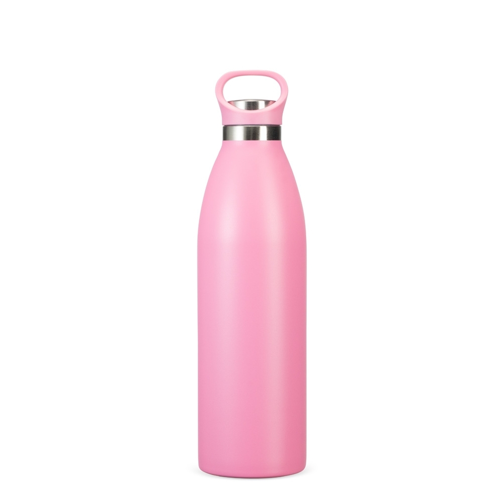 Garrafa térmica 750 ml de inox com tampa de inox e alça fixa personalizada com a logo da empresa, na cor rosa