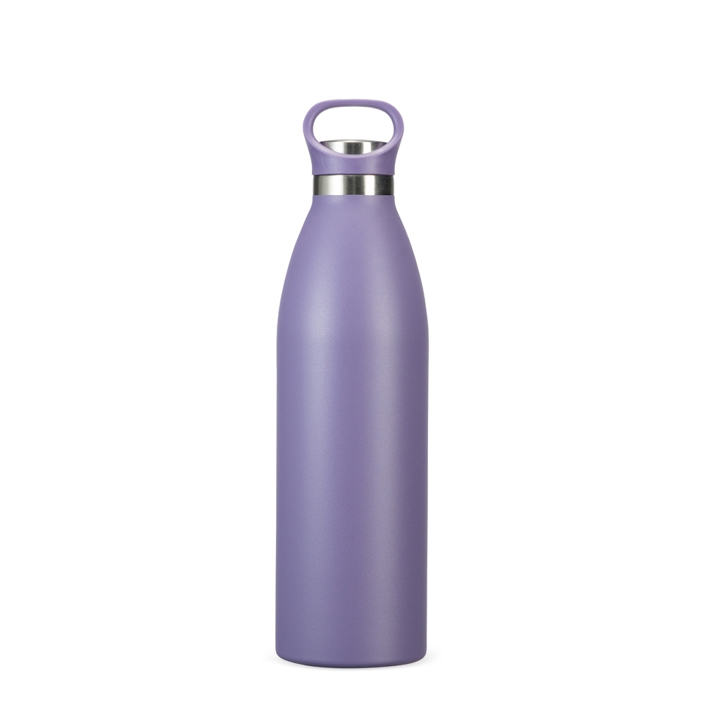Garrafa térmica 750 ml de inox com tampa de inox e alça fixa personalizada com a logo da empresa, na cor roxo