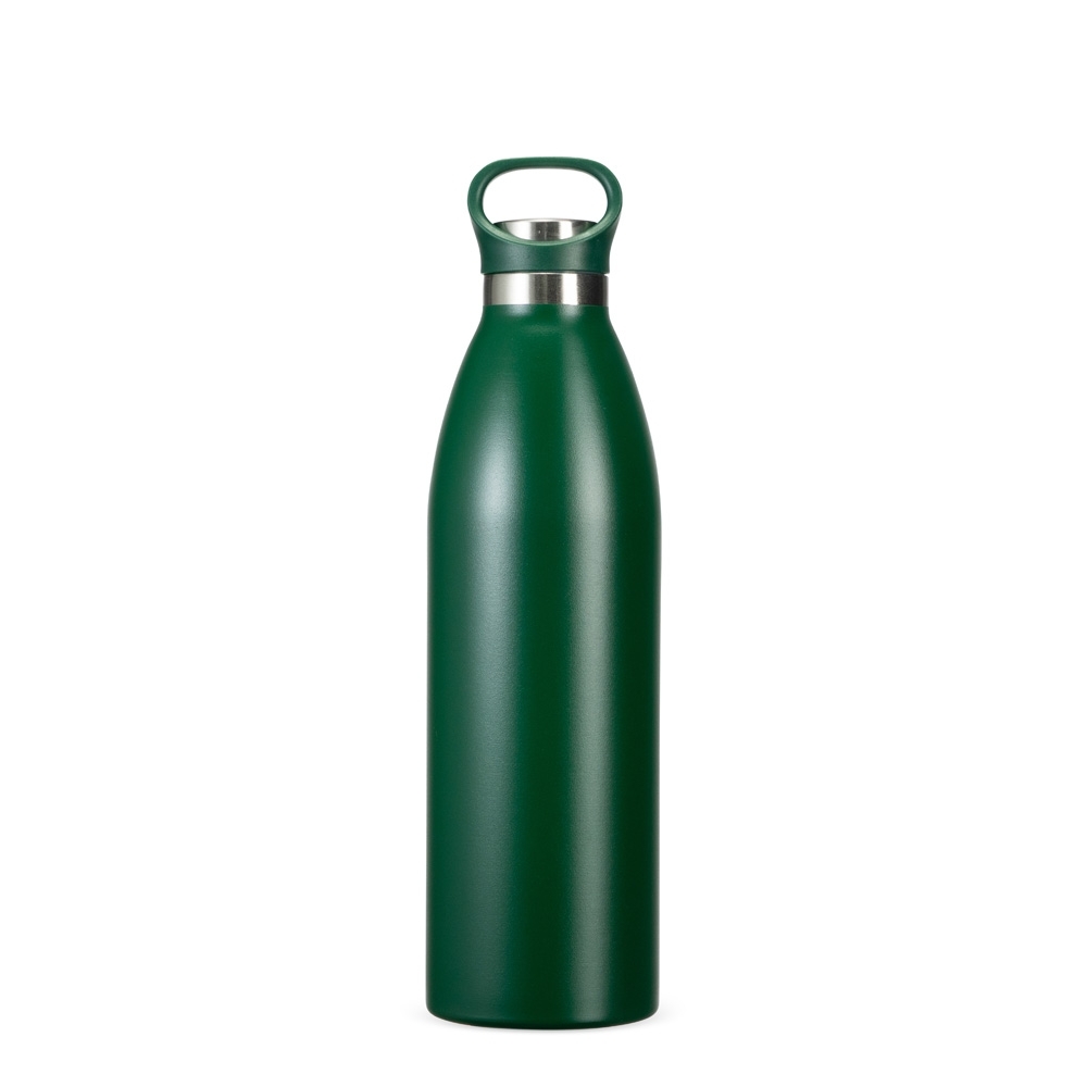 Garrafa térmica 750 ml de inox com tampa de inox e alça fixa personalizada com a logo da empresa, na cor verde