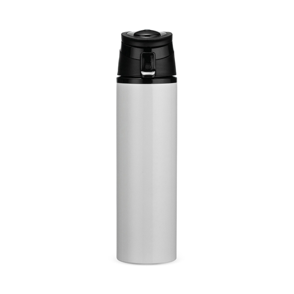 Squeeze de alumínio 650 ml com trava de segurança e alça retrátil personalizado com a logo da empresa, na cor branco