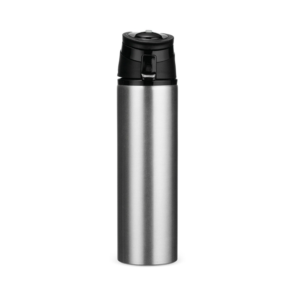 Squeeze de alumínio 650 ml com trava de segurança e alça retrátil personalizado com a logo da empresa, na cor inox