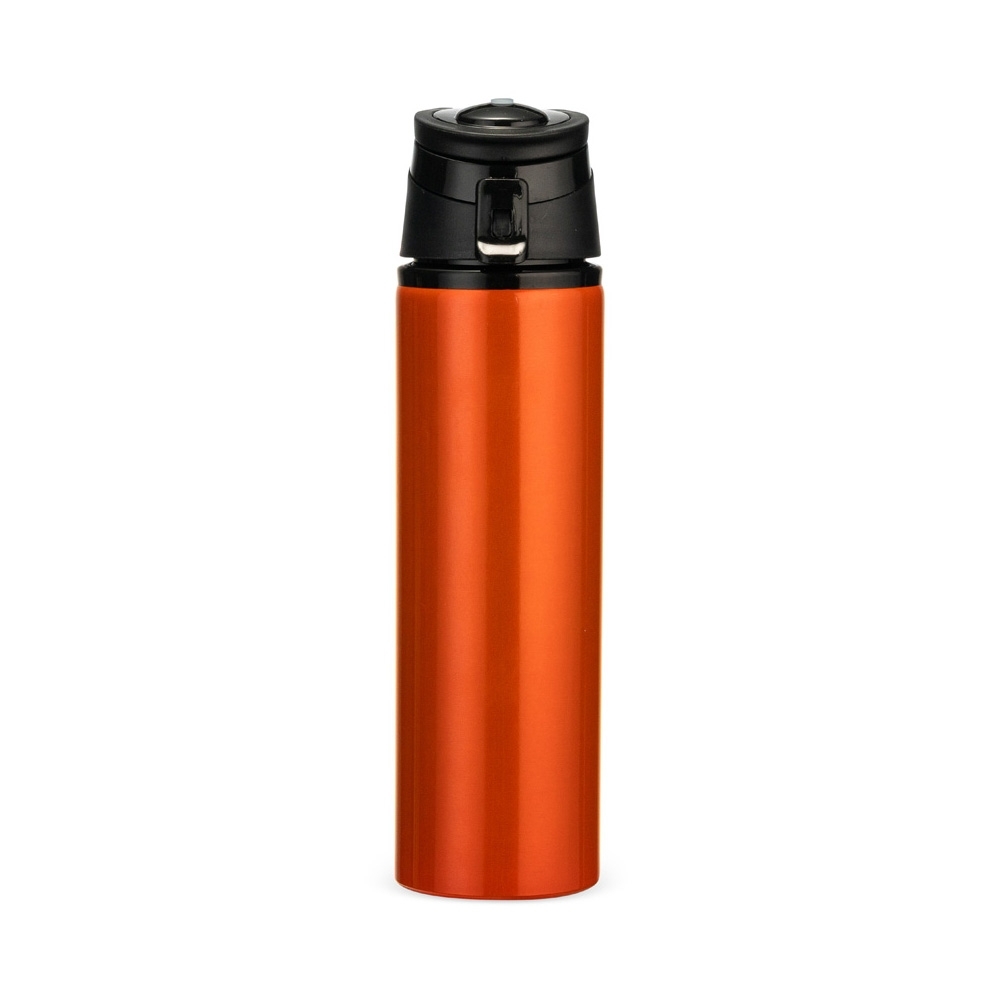 Squeeze de alumínio 650 ml com trava de segurança e alça retrátil personalizado com a logo da empresa, na cor laranja