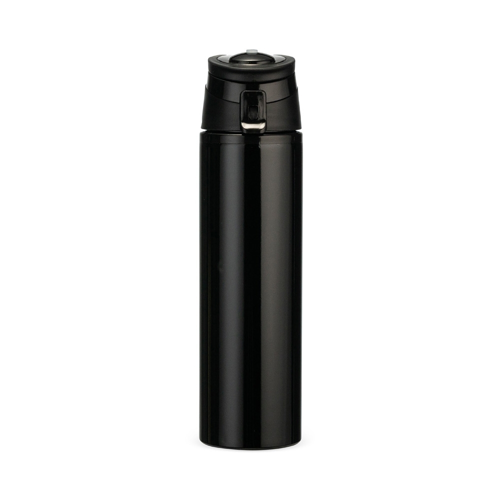Squeeze de alumínio 650 ml com trava de segurança e alça retrátil na cor Preto, personalizado com a logo da empresa