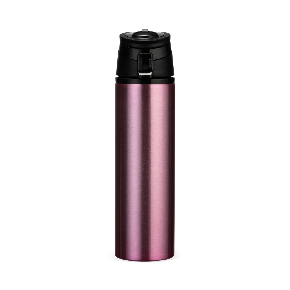 Squeeze de alumínio 650 ml com trava de segurança e alça retrátil personalizado com a logo da empresa, na cor rosa