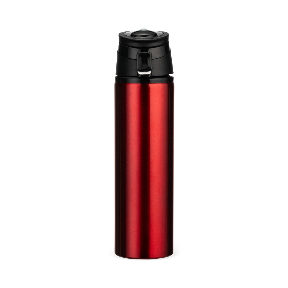 Squeeze de alumínio 650 ml com trava de segurança e alça retrátil personalizado com a logo da empresa, na cor vermelho