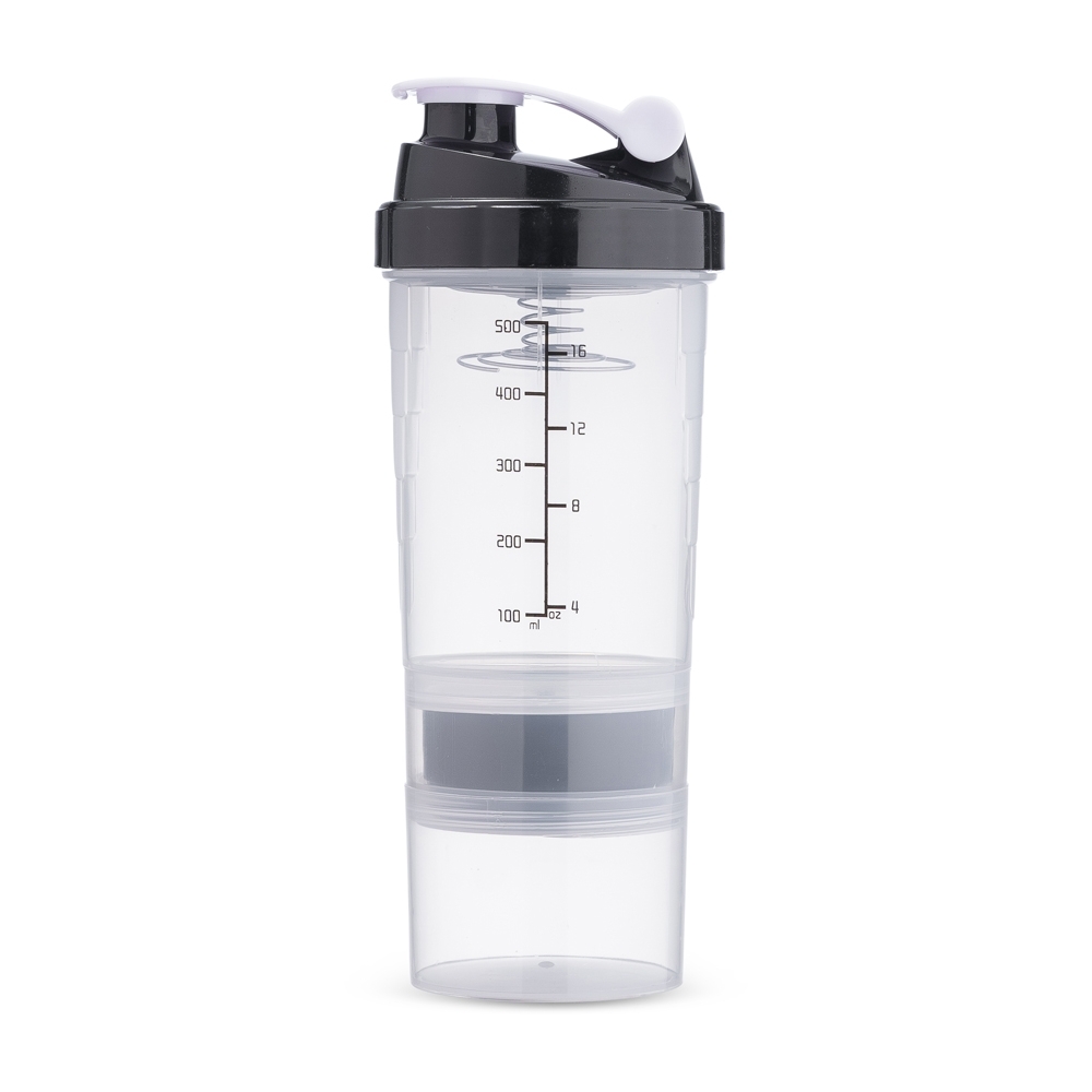 Coqueteleira plástica 600 ml sem BPA na cor Preto / Transparente, personalizada com a logo da empresa