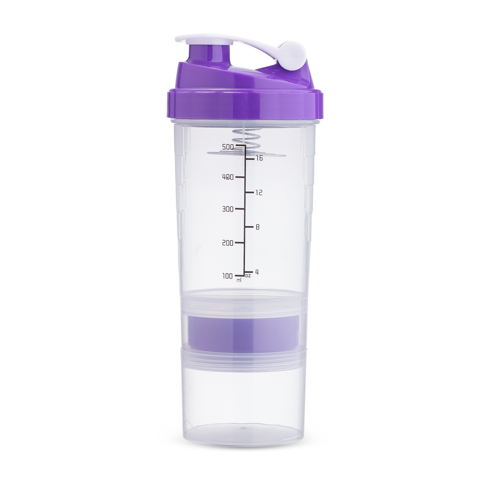 Coqueteleira plástica 600 ml sem BPA personalizada com a logo da empresa, na cor roxo / transparente