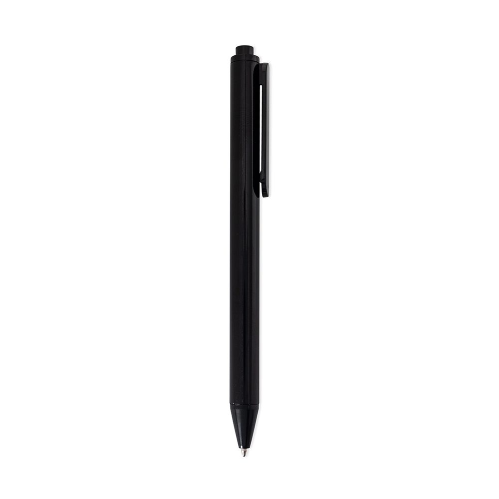 Caneta plástica de cor única com corpo reto e clipe retangular na cor Preto, personalizada com a logo da empresa