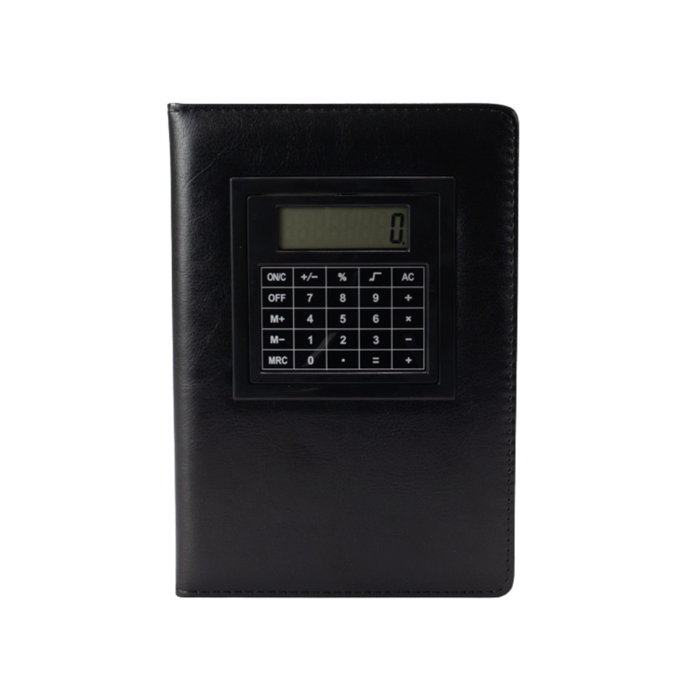 Caderneta PU com calculadora na cor Preto, personalizada com a logo da empresa