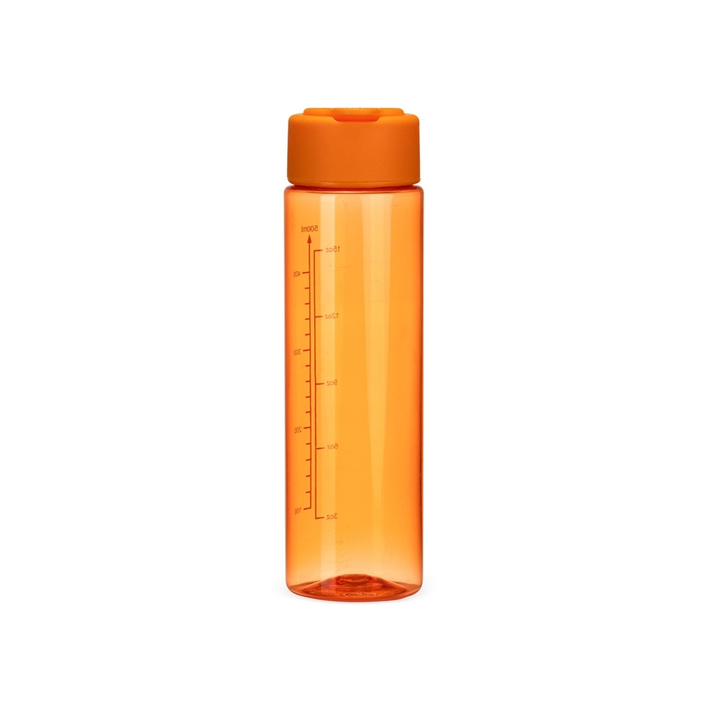 Garrafa plástica 500 ml com marcação de volume e alça retrátil personalizada com a logo da empresa, na cor laranja