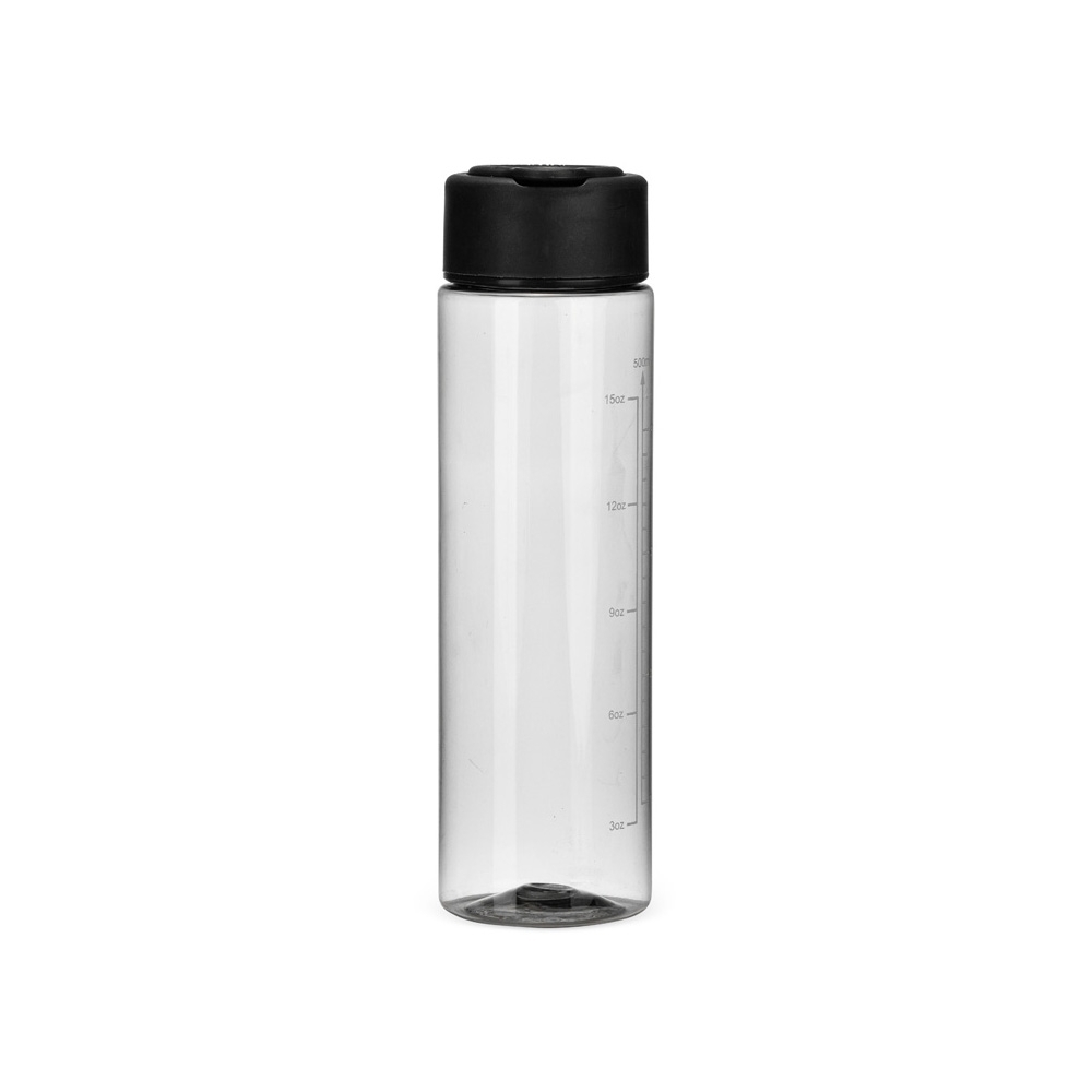 Garrafa plástica 500 ml com marcação de volume e alça retrátil na cor Preto, personalizada com a logo da empresa