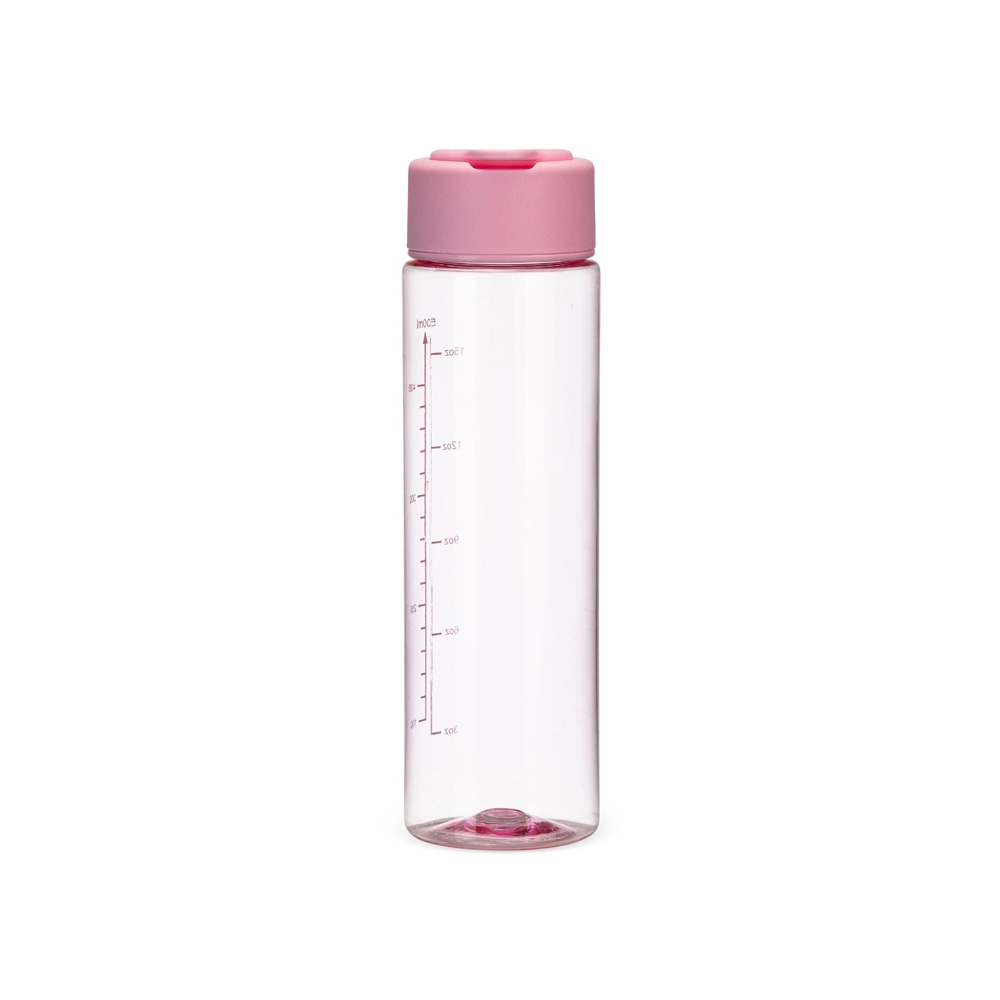 Garrafa plástica 500 ml com marcação de volume e alça retrátil personalizada com a logo da empresa, na cor rosa