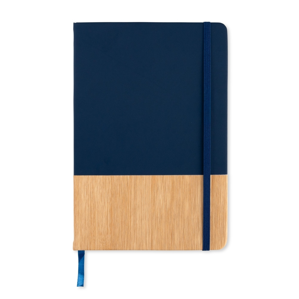 Caderneta PU com 96 folhas e elástico personalizada com a logo da empresa, na cor azul / bambu