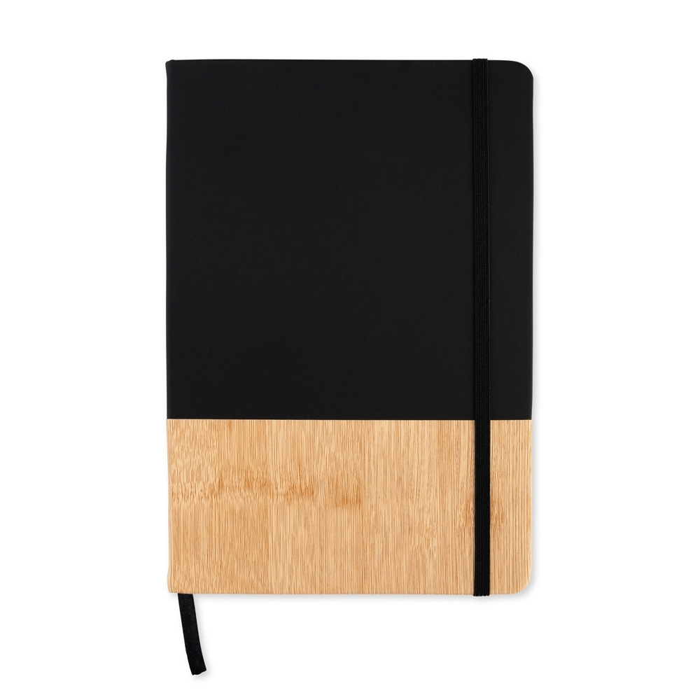 Caderneta PU com 96 folhas e elástico na cor Preto / Bambu, personalizada com a logo da empresa