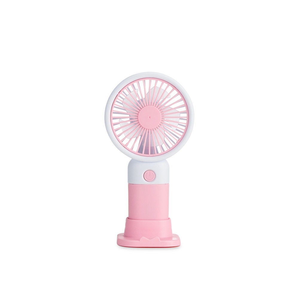 Mini ventilador recarregável na cor Rosa / Branco, personalizado com a logo da empresa