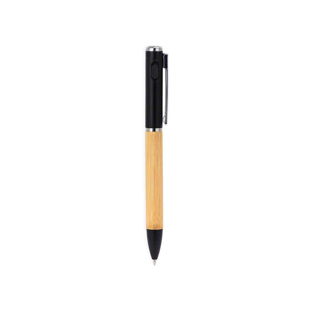 Caneta de bambu giratória com lanterna e clipe de metal na cor Preto / Bambu, personalizada com a logo da empresa