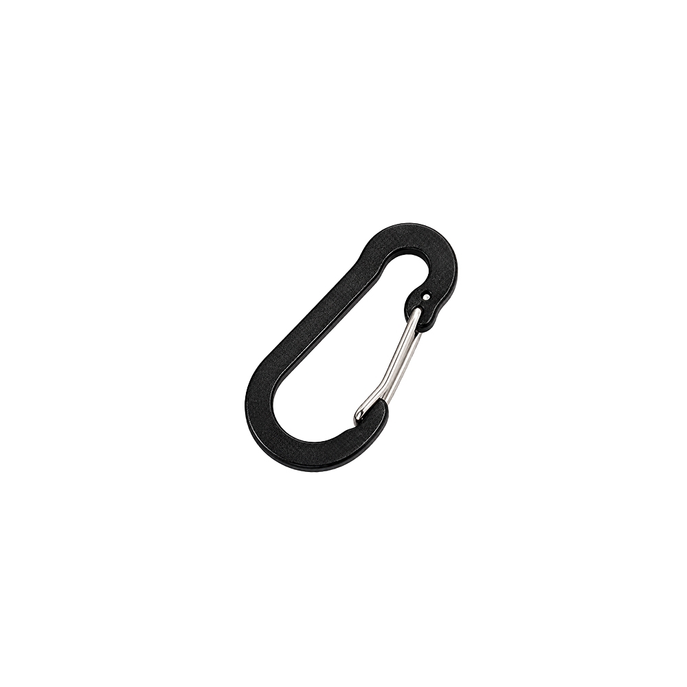 Mosquetão metal na cor Preto, com a logo da empresa