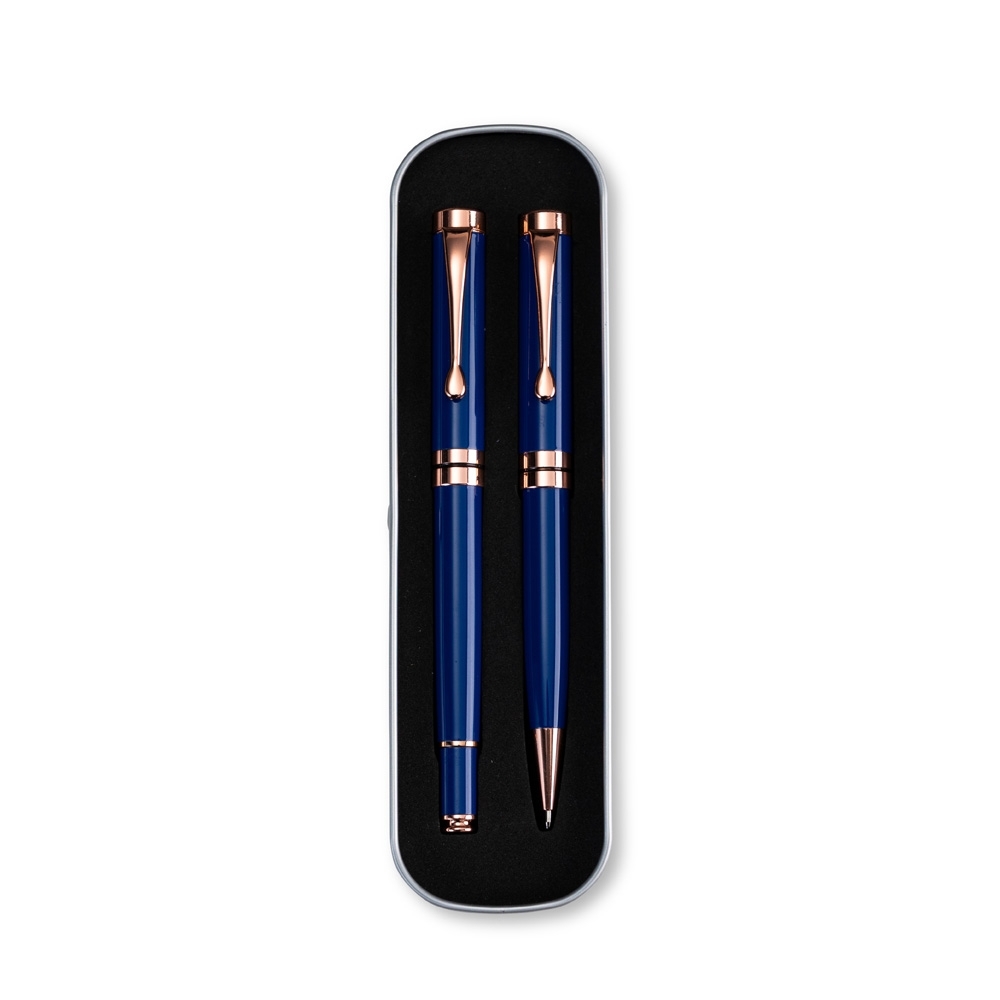 Conjunto canetas executivas 2 peças personalizado com a logo da empresa, na cor azul / bronze