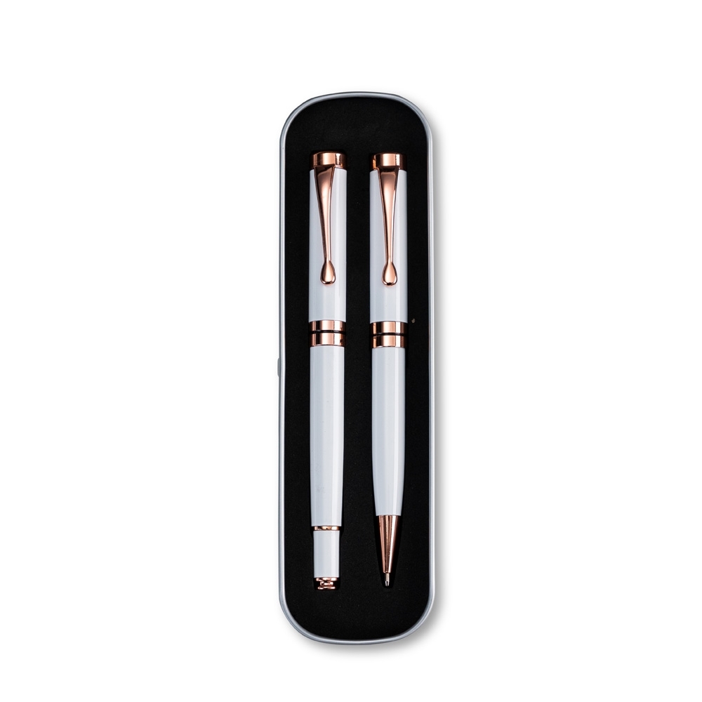 Conjunto canetas executivas 2 peças personalizado com a logo da empresa, na cor branco / bronze