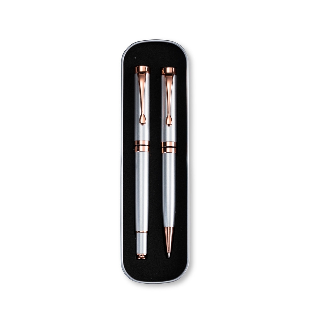 Conjunto canetas executivas 2 peças personalizado com a logo da empresa, na cor prata / bronze