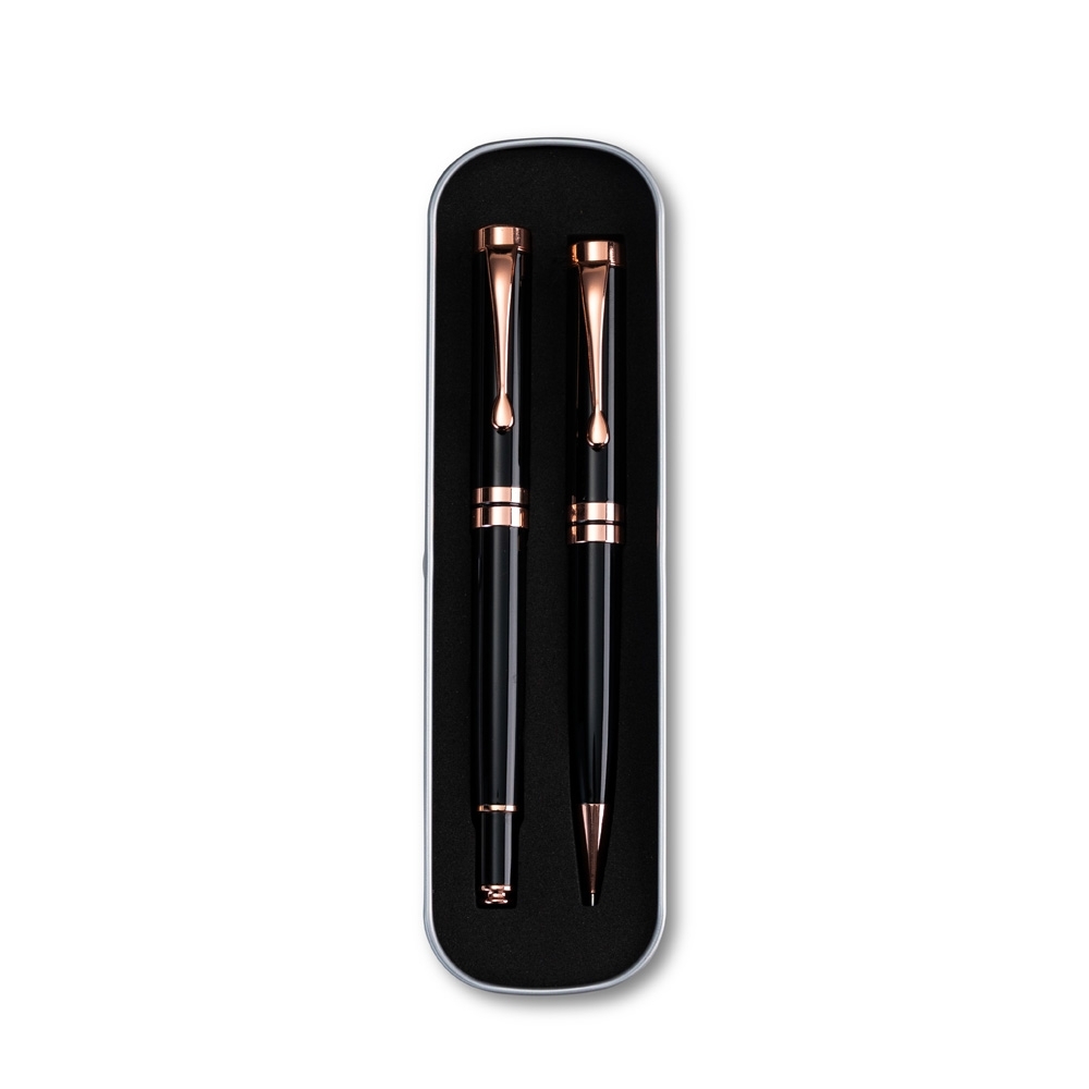 Conjunto canetas executivas 2 peças na cor Preto, personalizado com a logo da empresa