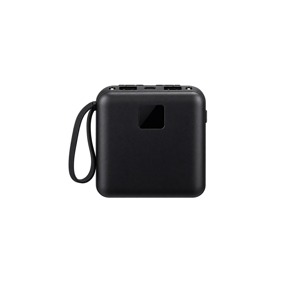 Power bank 10.000 mAh com lanterna, multissaídas e alça na cor Preto, personalizado com a logo da empresa