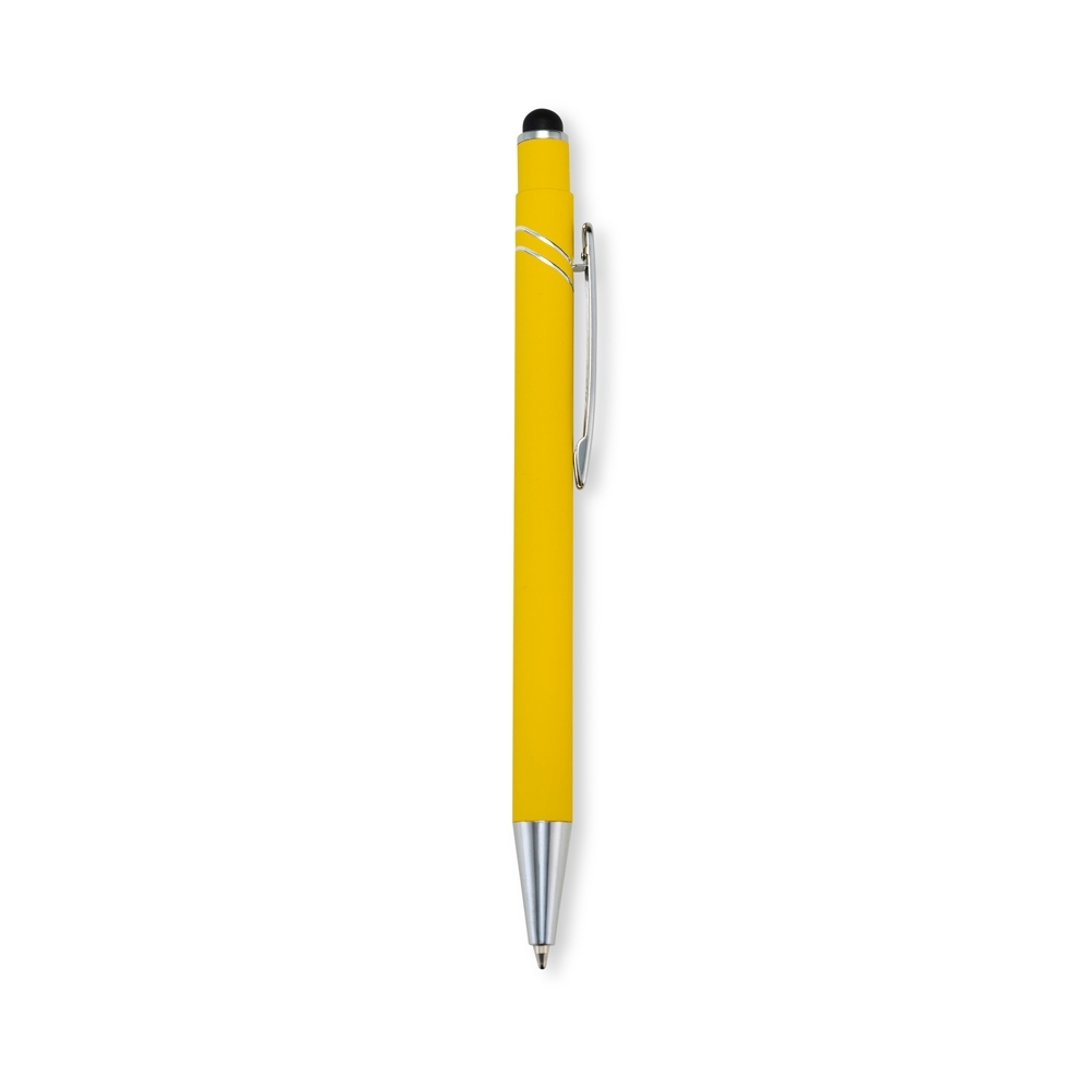 Caneta de metal touch emborrachada com frisos curvos e clipe cromado personalizada com a logo da empresa, na cor amarelo / prata