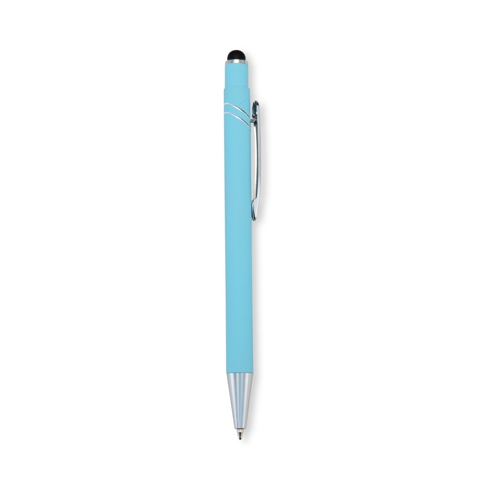 Caneta de metal touch emborrachada com frisos curvos e clipe cromado personalizada com a logo da empresa, na cor azul claro / prata