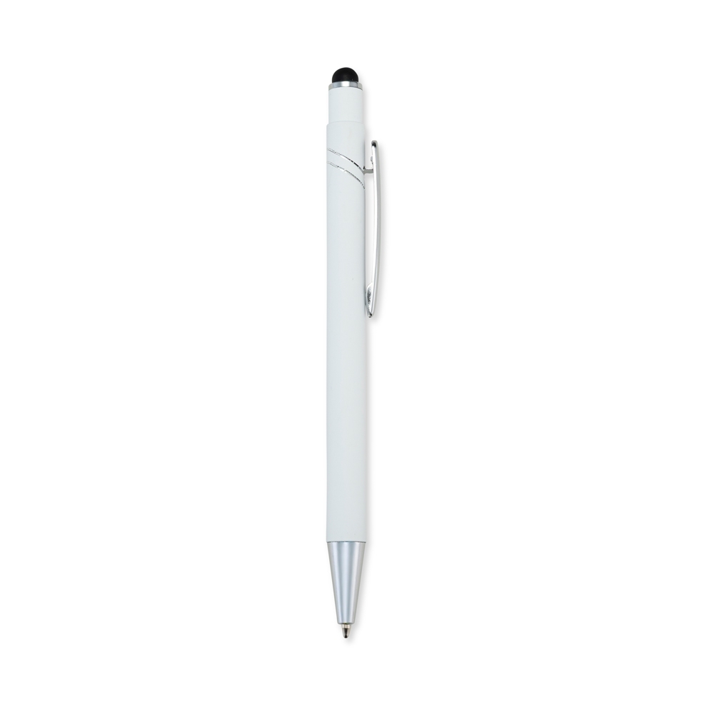 Caneta de metal touch emborrachada com frisos curvos e clipe cromado personalizada com a logo da empresa, na cor branco / prata