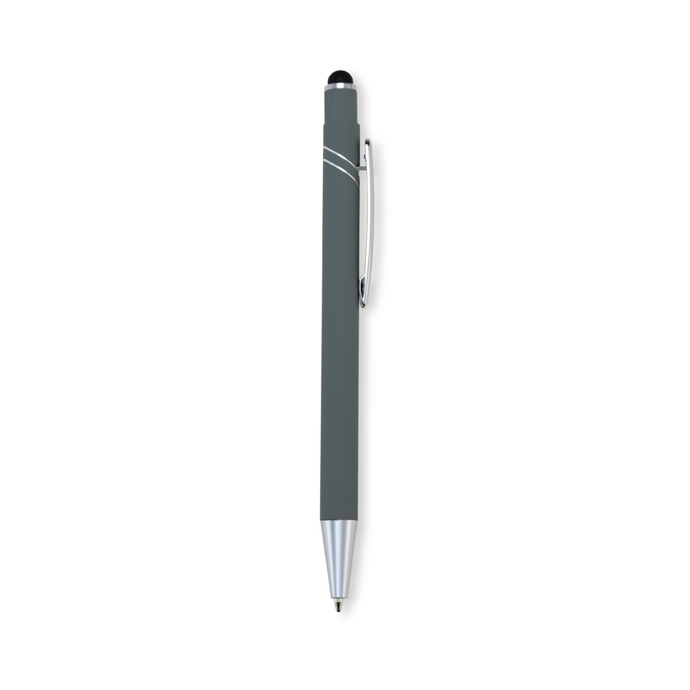 Caneta de metal touch emborrachada com frisos curvos e clipe cromado personalizada com a logo da empresa, na cor cinza / prata