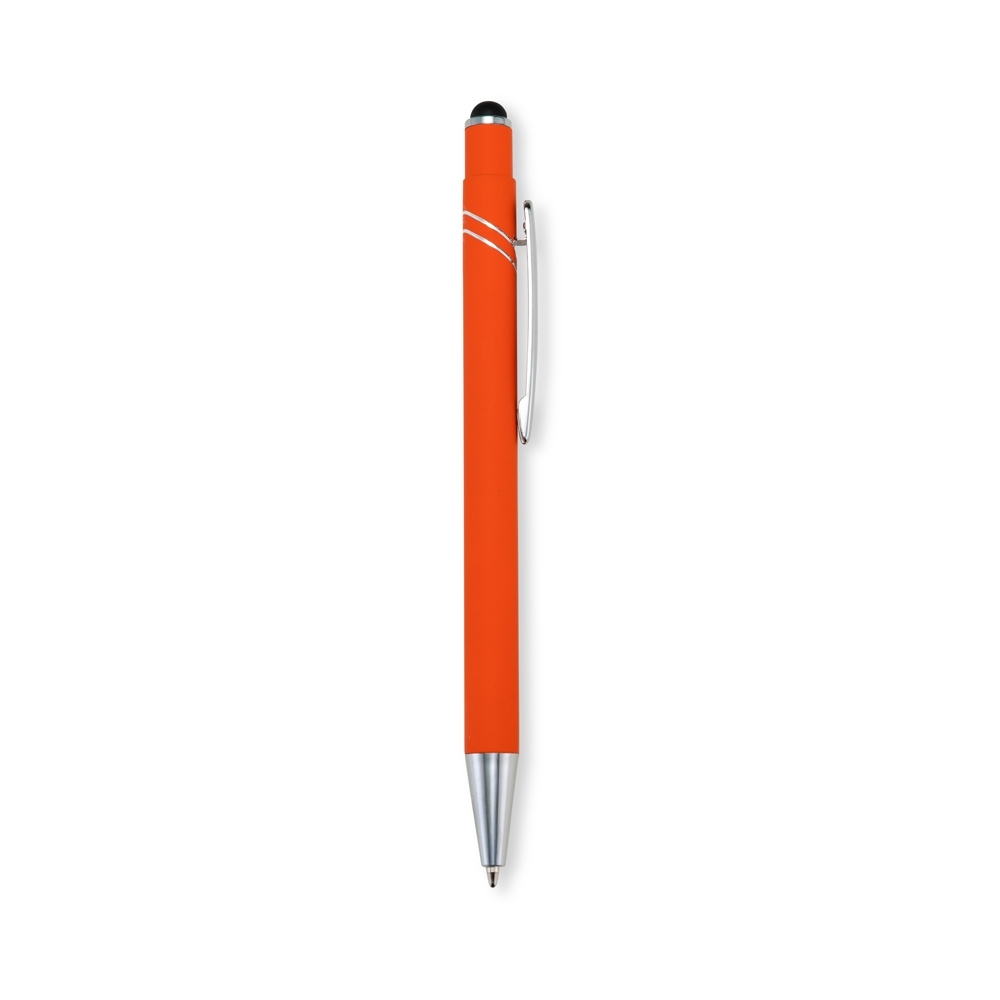 Caneta de metal touch emborrachada com frisos curvos e clipe cromado personalizada com a logo da empresa, na cor laranja / prata