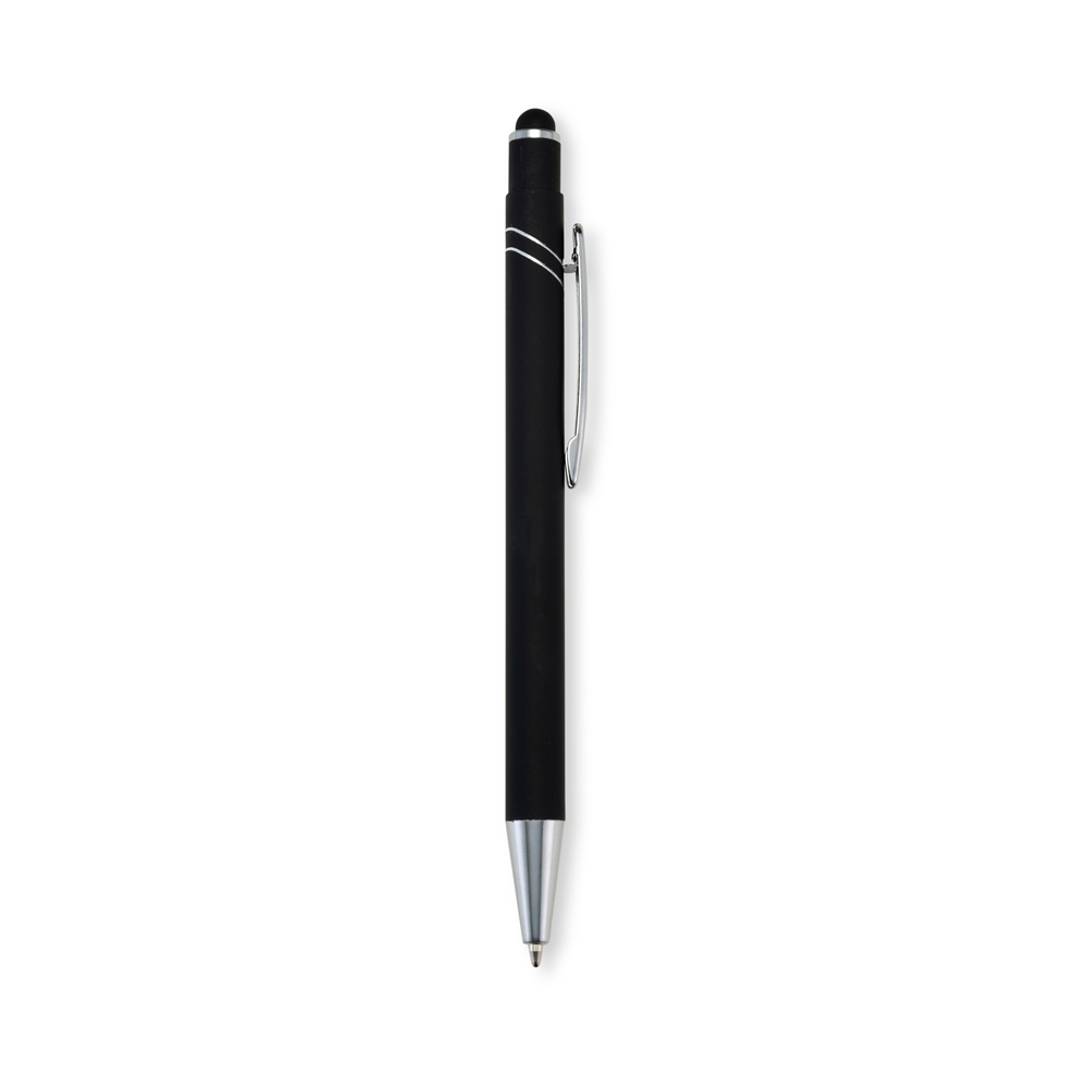 Caneta de metal touch emborrachada com frisos curvos e clipe cromado na cor Preto / Prata, personalizada com a logo da empresa