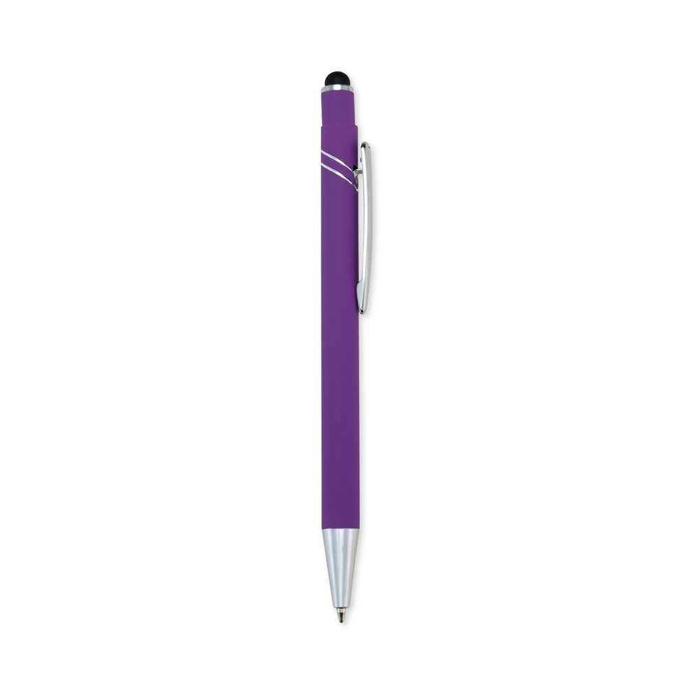 Caneta de metal touch emborrachada com frisos curvos e clipe cromado personalizada com a logo da empresa, na cor roxo / prata