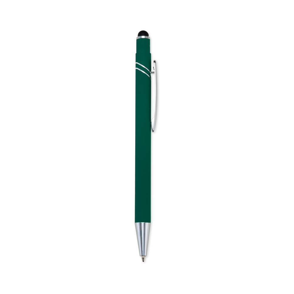 Caneta de metal touch emborrachada com frisos curvos e clipe cromado personalizada com a logo da empresa, na cor verde escuro / prata