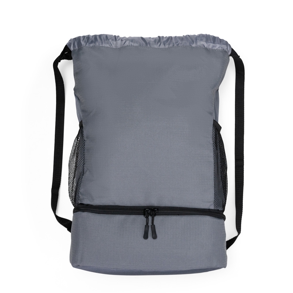 Mochila saco 19 litros de poliéster impermeável personalizada com a logo da empresa, na cor cinza